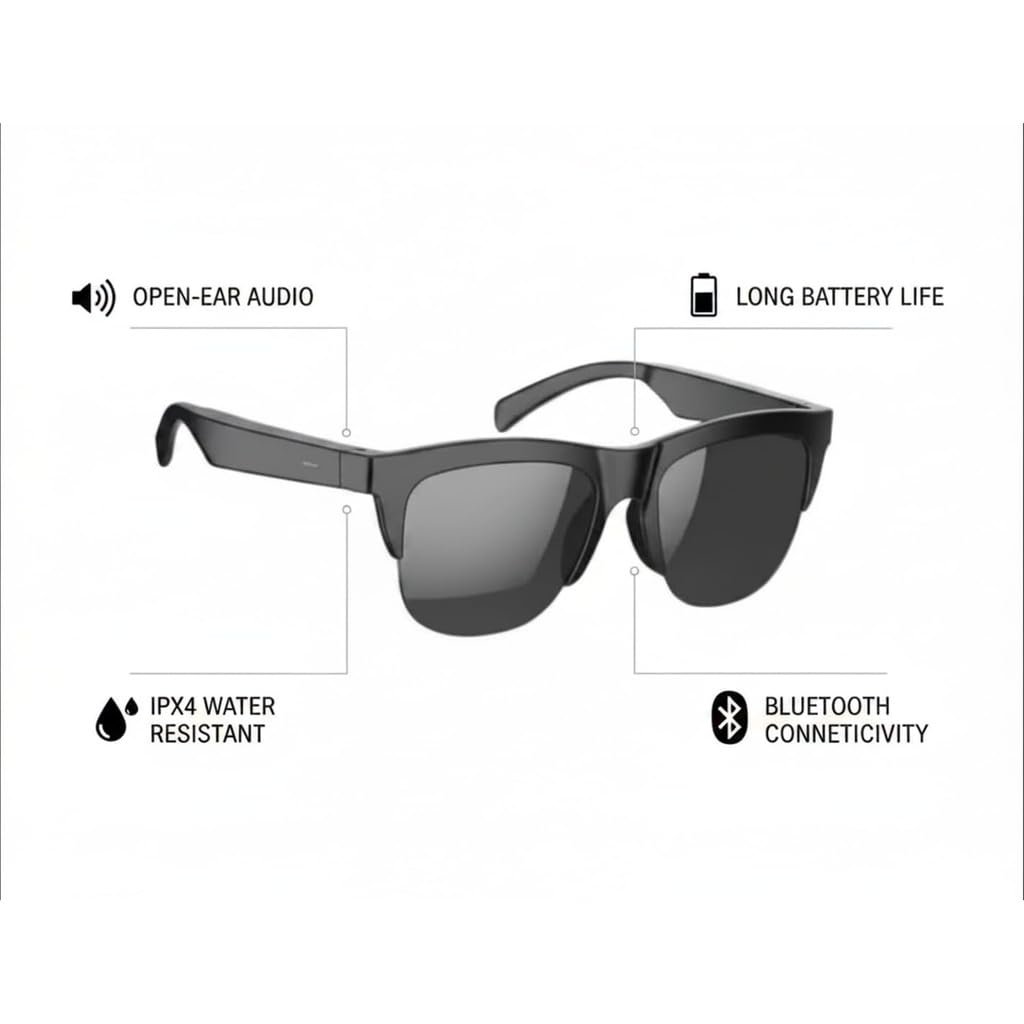 Smart Glasses, Wireless Audio Sunglasses with Built-in Mic, Touch Control, Open-Ear Design for Calls & Music, Compatible with Android & iOS