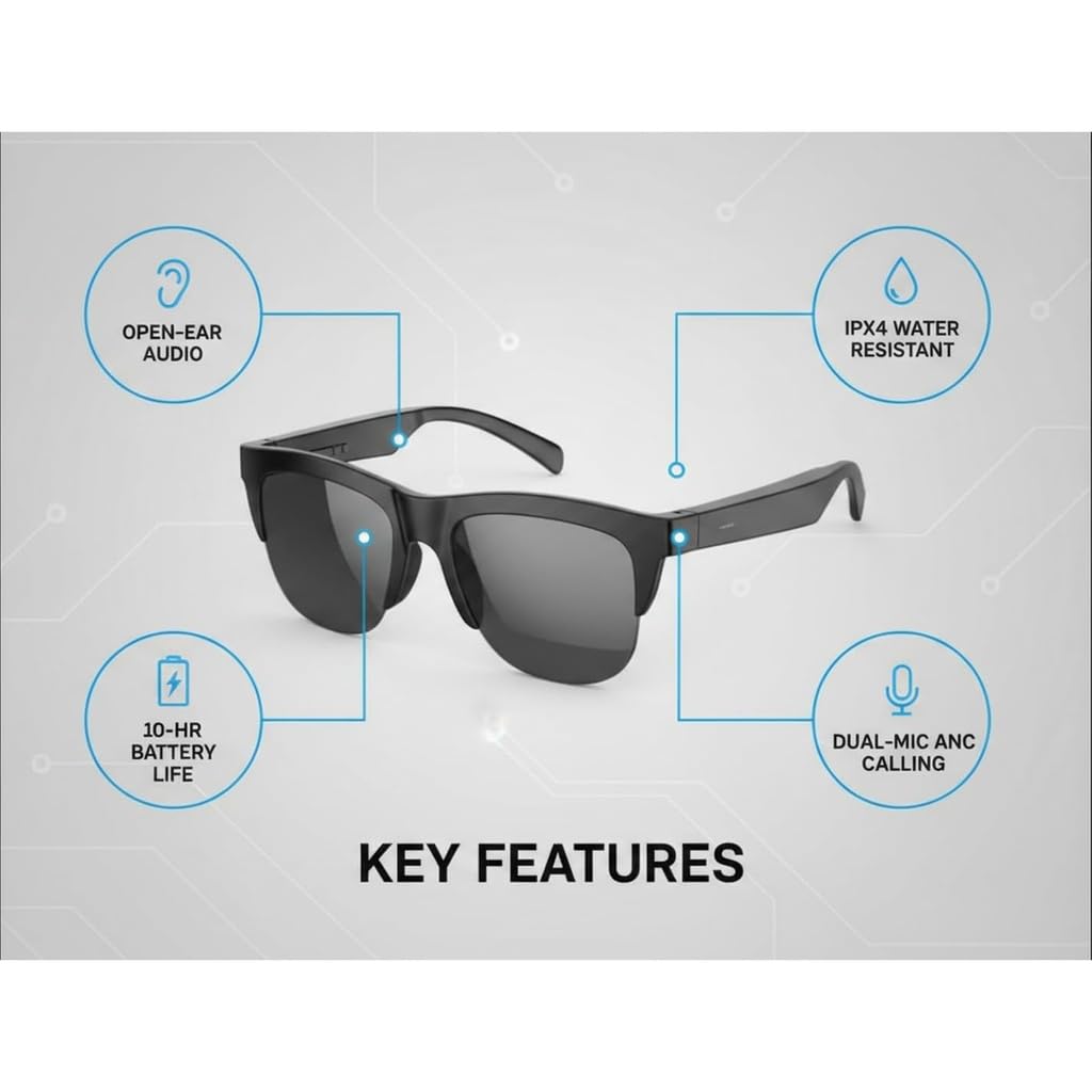 Smart Glasses, Wireless Audio Sunglasses with Built-in Mic, Touch Control, Open-Ear Design for Calls & Music, Compatible with Android & iOS