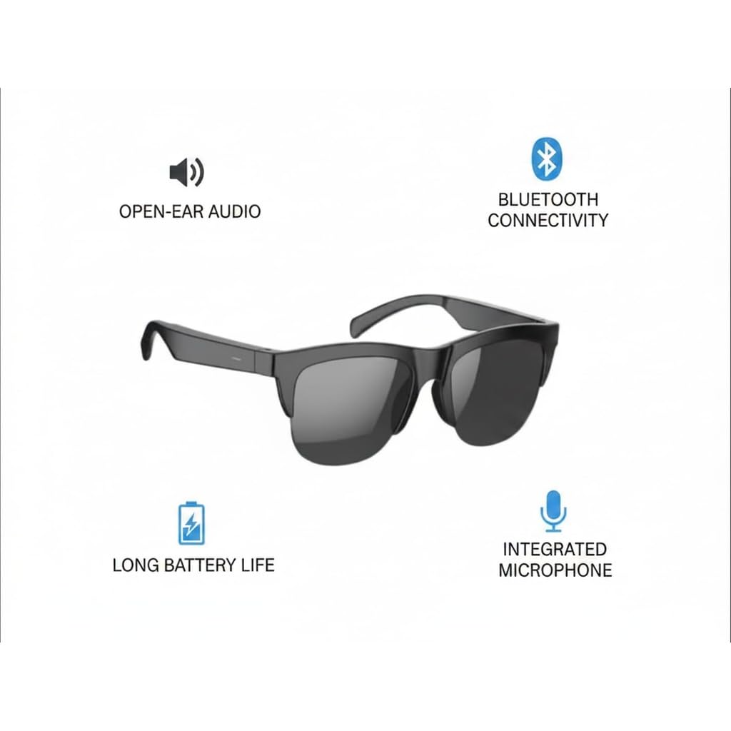 Smart Glasses, Wireless Audio Sunglasses with Built-in Mic, Touch Control, Open-Ear Design for Calls & Music, Compatible with Android & iOS