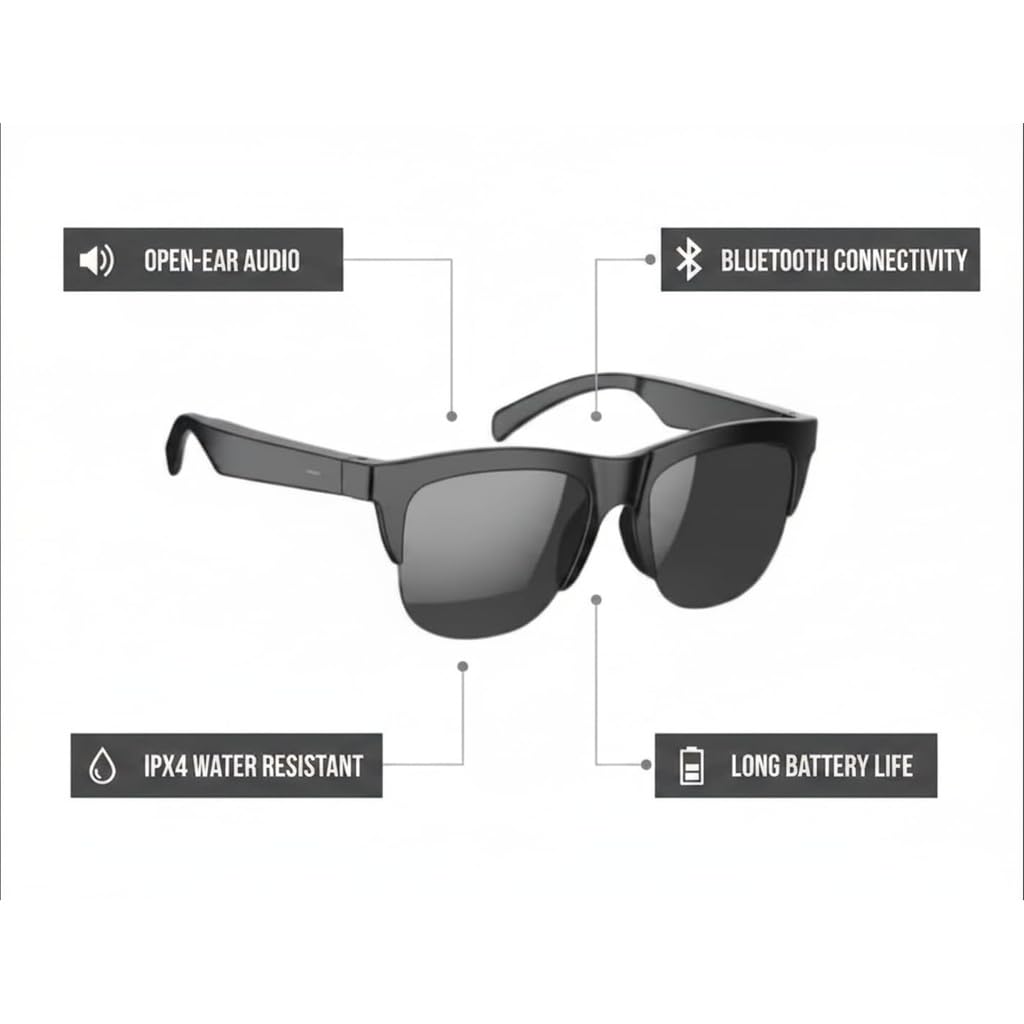 Smart Glasses, Wireless Audio Sunglasses with Built-in Mic, Touch Control, Open-Ear Design for Calls & Music, Compatible with Android & iOS