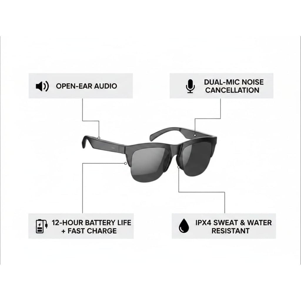 Smart Glasses, Wireless Audio Sunglasses with Built-in Mic, Touch Control, Open-Ear Design for Calls & Music, Compatible with Android & iOS