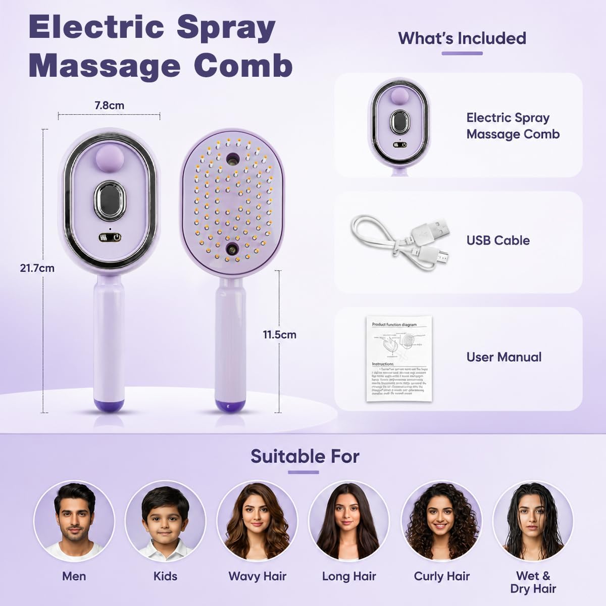 Electric Mist Spray Hair Brush 3 in 1 Detangling Cushion Comb